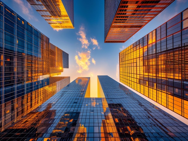 Una escena de un edificio de oficinas en el horizonte durante la hora dorada