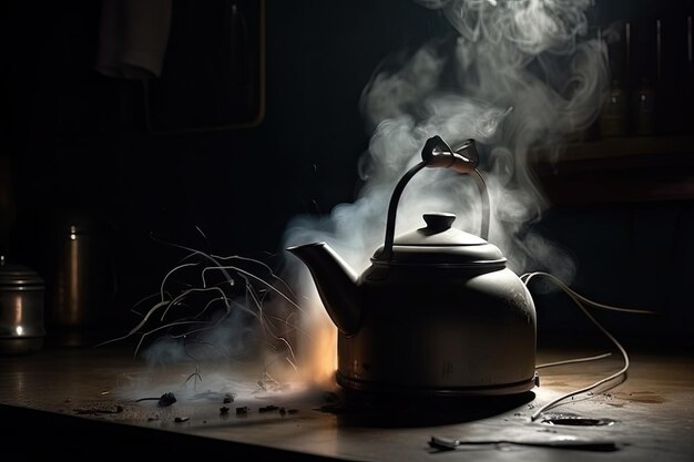 Escena de electrodomésticos de cocina quemados, incluida una tetera y una cafetera