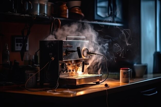 Foto escena de electrodomésticos de cocina quemados, incluida una tetera y una cafetera