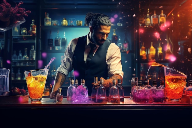 Escena elegante de um bar de coquetéis com um mixologista Generative ai