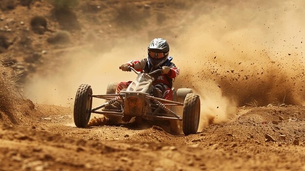 Foto una escena emocionante de un kart de montaña acelerando a lo largo de una pista polvorienta al atardecer el corredor equipado con un casco maniobra con intensa concentración y velocidad