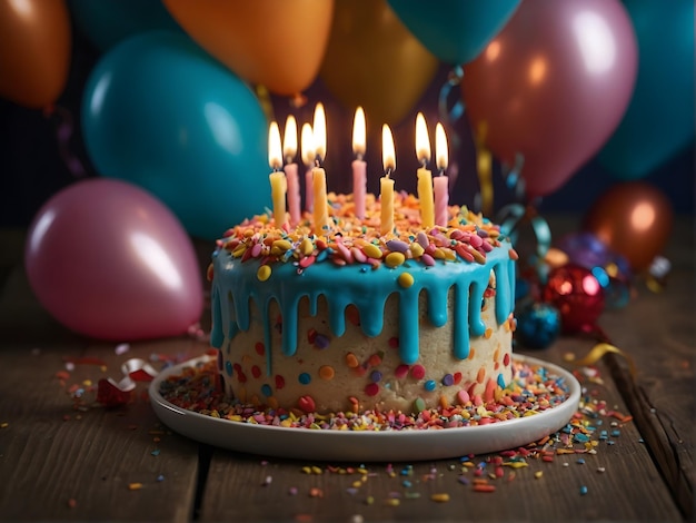 Foto escena emocionante del pastel de cumpleaños decoraciones festivas y dulces tentaciones