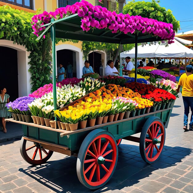 Una escena encantadora un carrito de flores lleno de flores en FeriadelasFlores exudando ai generado