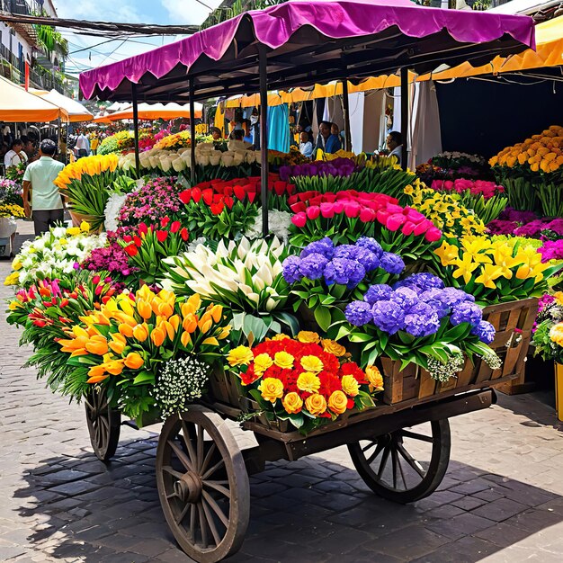 Una escena encantadora un carrito de flores lleno de flores en FeriadelasFlores exudando ai generado