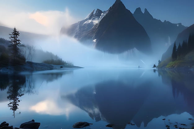 Una escena encantadora con montañas envueltas en niebla reflejadas en un lago tranquilo
