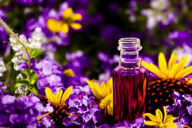 Una escena encantadora que representa una botella de vidrio llena de una flor morada generada por ai