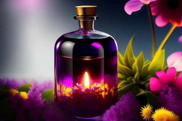 Una escena encantadora que representa una botella de vidrio llena de una flor morada generada por ai