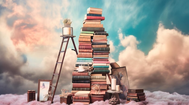 Una escena encantadora surrealista de una torre de libros y una escalera contra un cielo lleno de nubes de ensueño