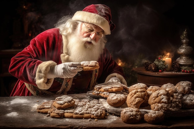 Foto escena engraçada de natal papai noel secretamente comendo biscoitos frescos acabados de assar ele segura um biscoito em sua mão inclinado sobre a mesa com muitos biscoitos gerada por ia