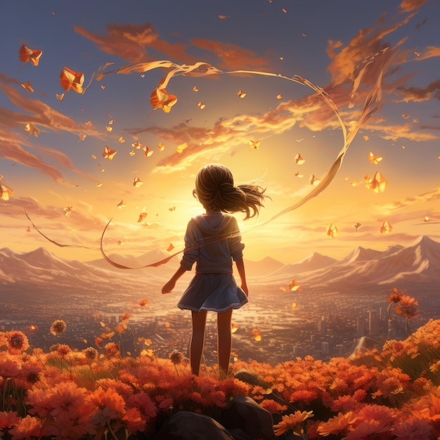 Una escena de ensueño y caprichosa de una niña volando una cometa en una ladera cubierta de flores florecientes