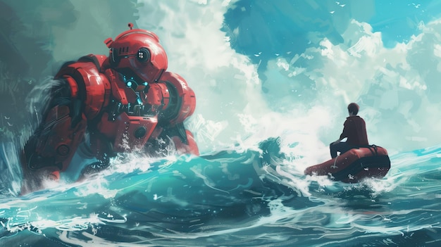 La escena épica del Guardián de las Profundidades un colosal robot marino blindado rojo está de guardia sobre el océano un individuo solitario en un jet ski coexistencia humana y máquina contra la inmensidad del mar