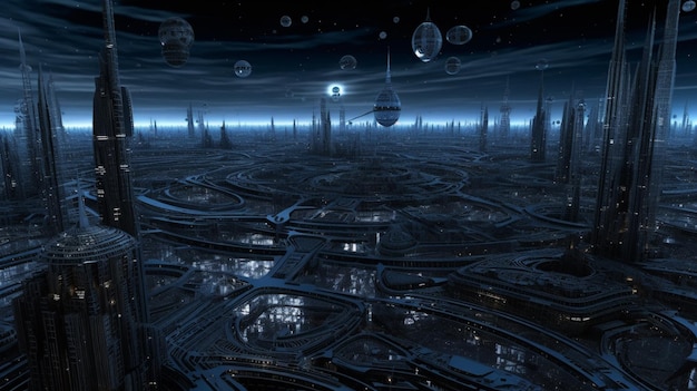 Una escena espacial futurista con una ciudad de fondo.