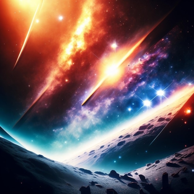 Una escena espacial con un planeta y estrellas.