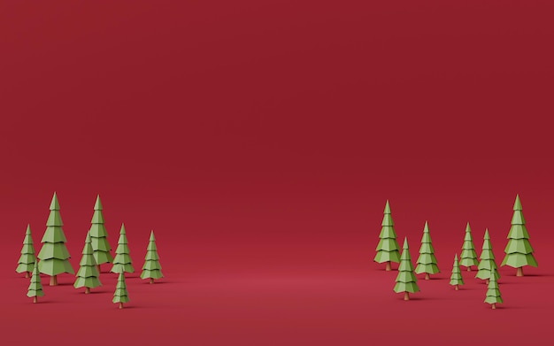 Foto escena de espacio en blanco de fondo rojo con representación 3d de bosque de pinos