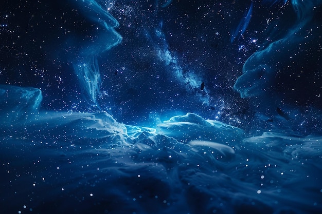 Una escena del espacio profundo inmersa en tonos azules oscuros donde las partículas brillantes forman una nebulosa cósmica la composición visual está iluminada por la luz brillante radiante