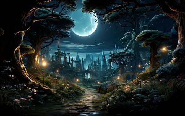 una escena espeluznante de un bosque oscuro con una luna llena de fondo.