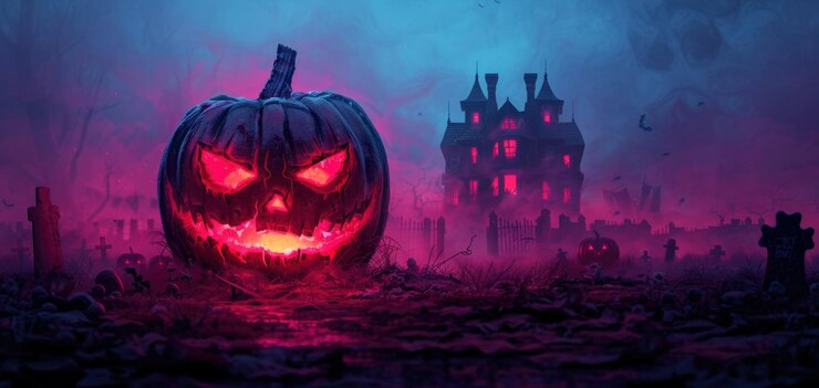 Una escena espeluznante de Halloween con una calabaza tallada brillante con una casa embrujada ominosa
