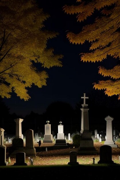 Foto escena espeluznante de la noche de halloween en el cementerio con murciélagos y luna de fondo