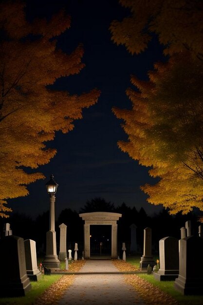 Foto escena espeluznante de la noche de halloween en el cementerio con murciélagos y luna de fondo