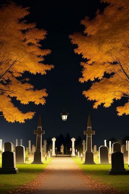 Escena espeluznante de la noche de Halloween en el cementerio con murciélagos y luna de fondo