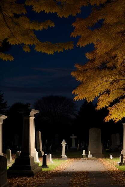 Escena espeluznante de la noche de Halloween en el cementerio con murciélagos y luna de fondo