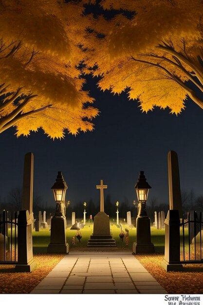 Escena espeluznante de la noche de Halloween en el cementerio con murciélagos y luna de fondo