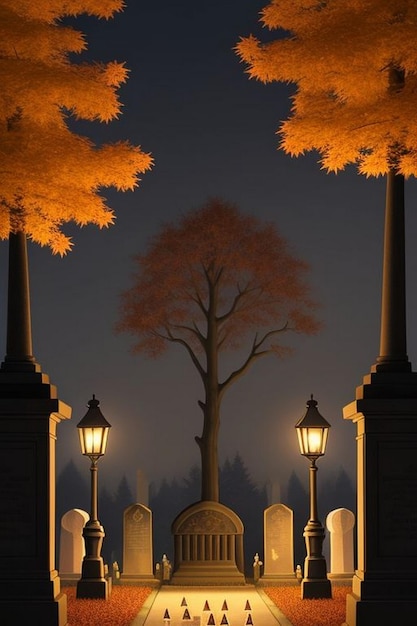 Foto escena espeluznante de la noche de halloween en el cementerio con murciélagos y luna de fondo