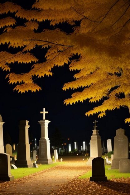 Foto escena espeluznante de la noche de halloween en el cementerio con murciélagos y luna de fondo