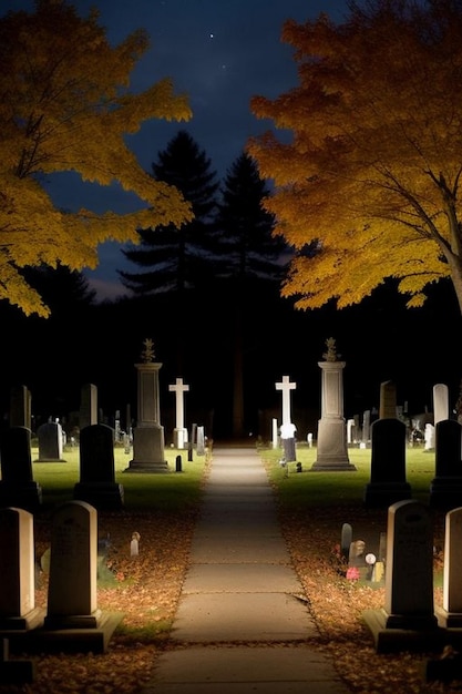 Escena espeluznante de la noche de Halloween en el cementerio con murciélagos y luna de fondo