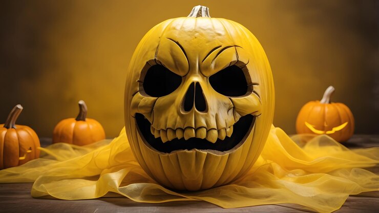 Escena espeluznante sonriente calabaza amarilla con murciélagos araña y hojas de otoño
