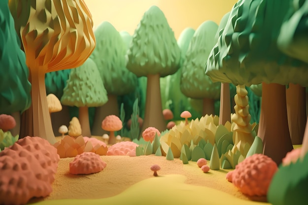 Una escena de estilo de dibujos animados de un bosque con un fondo rosa y amarillo.