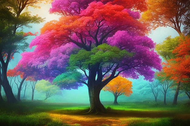 Escena de estilo mágico de paisaje natural de árbol colorido