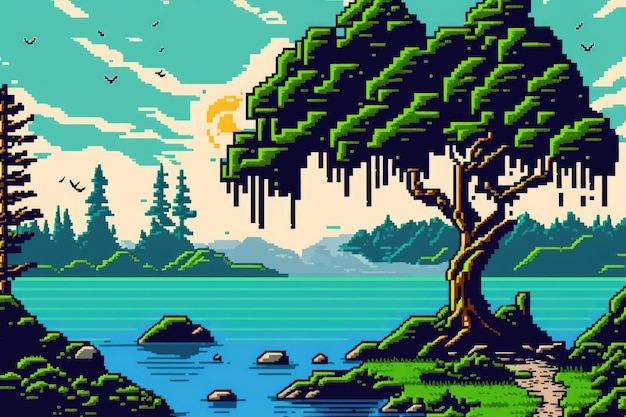 Una escena de estilo pixel art de un árbol junto a un lago.