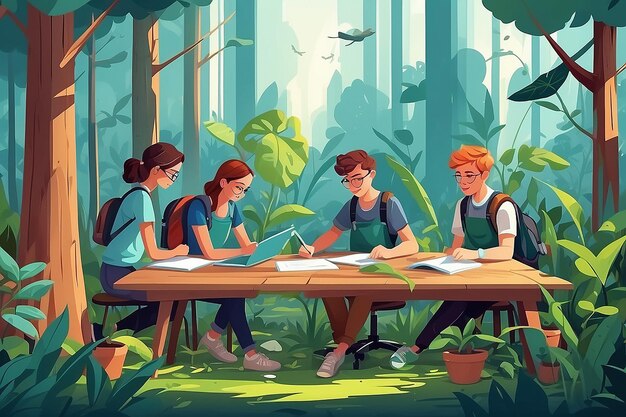 una escena de estudiantes trabajando en un proyecto colaborativo para diseñar y construir una ilustración vectorial de hábitat sostenible en estilo plano