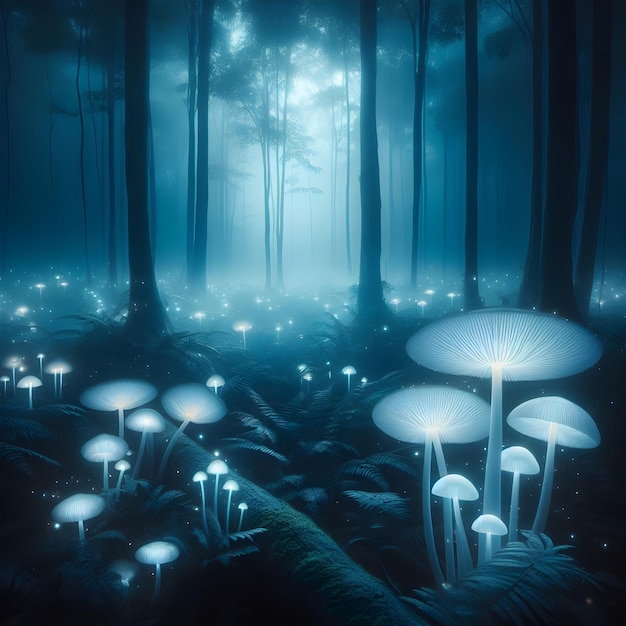 Una escena etérea del bosque con setas luminescentes y follaje azul brumoso