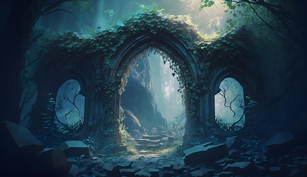 Una escena de fantasía con un arco de piedra y un árbol con una planta verde.