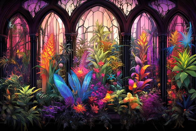 Escena de fantasía colorida con una vidriera y flores y plantas