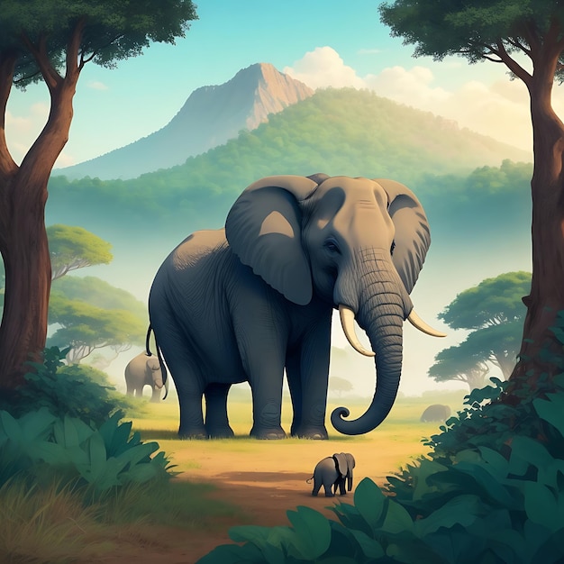 Escena de fantasía para el Día Mundial de los Animales con lindos elefantes y hermosos bosques o colinas