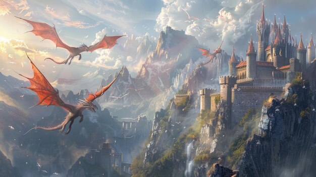 Escena de fantasía con dragones volando sobre un castillo medieval