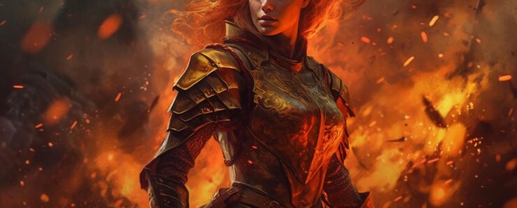 Escena de fantasía con una guerrera en el ai generador de fuego.