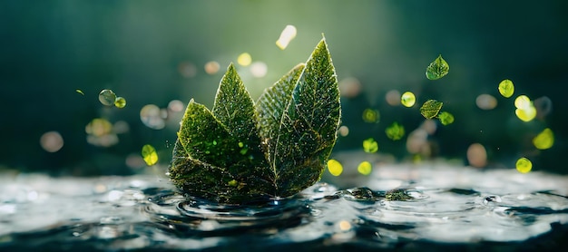 Escena de fantasía de hojas verdes flotando en el agua Ilustración digital 3D