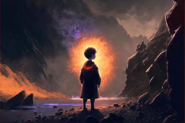 Escena de fantasía del joven liberado poder mágico Un niño místico usando magia negra Pintura de ilustración de estilo de arte digital