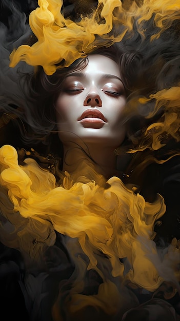 Escena de fantasía de una mujer con humo amarillo y negro IA generativa