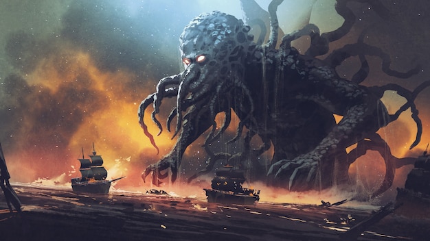 Escena de fantasía oscura que muestra a Cthulhu el monstruo marino gigante destruyendo barcos, estilo de arte digital, pintura de ilustración