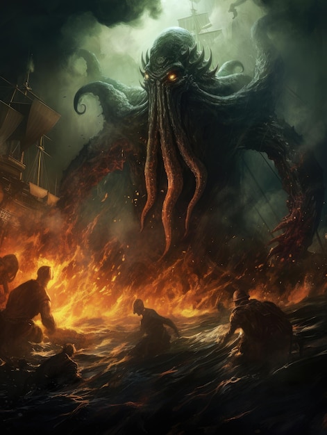 Foto escena de fantasía oscura que muestra a cthulhu el monstruo marino gigante destruyendo barcos