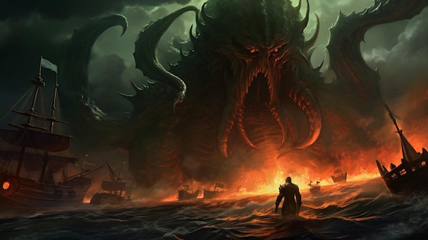 Escena de fantasía oscura que muestra a Cthulhu, el monstruo marino gigante.