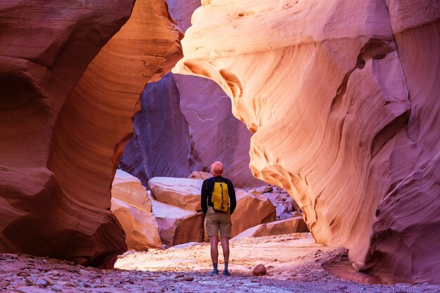 Escena fantástica de Happy Canyon. Las inusuales formaciones de arenisca de colores en los desiertos de Utah son un destino popular para los excursionistas.