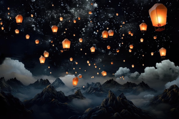 Una escena fascinante de un cielo nocturno adornado con una serie de linternas brillantes flotando elegantemente linternas de papel flotando en un cielo nocturno Generado por IA