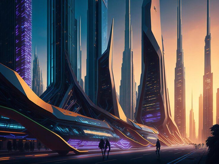 Una escena fascinante que representa un paisaje urbano futurista caracterizado por elegantes rascacielos.