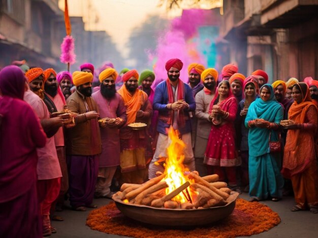 Escena festiva celebrando el festival de Lohri con un hombre y una mujer de forma redonda